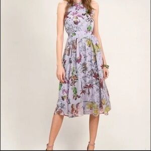 Anthropologie Hermia Midi Dress Purple High neck classic party floral fall $140